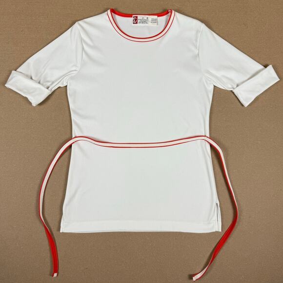Vintage 70s Japan Import White Red Trim Belted Polyester Top Blouse Mod Disco M - Picture 1 of 7